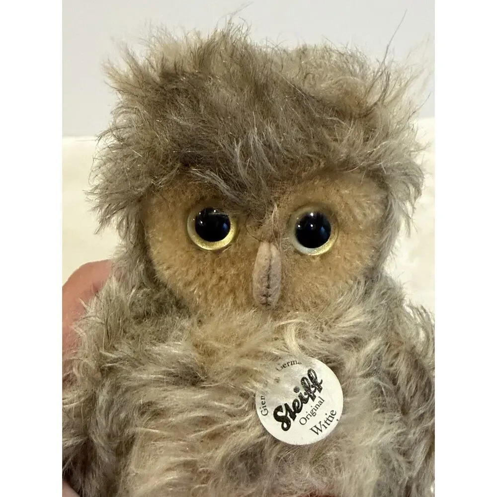 Steiff Wittie Owl 033315 Mohair Gray Brown Germany All Tags Button